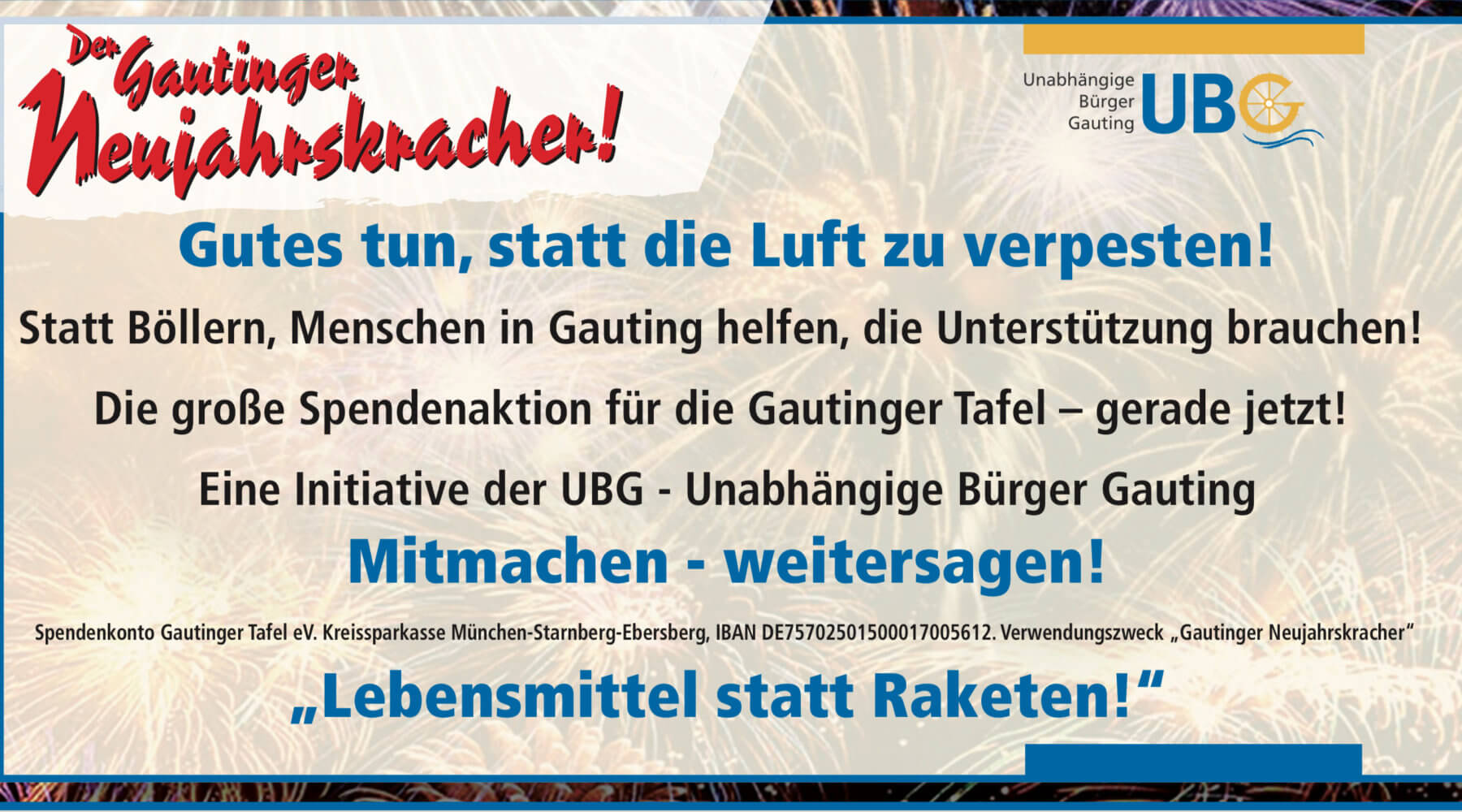 Spenden für die Gautinger Tafel statt Silvesterböller !